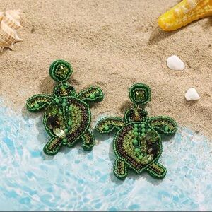Green Turtle Beaded Earrings